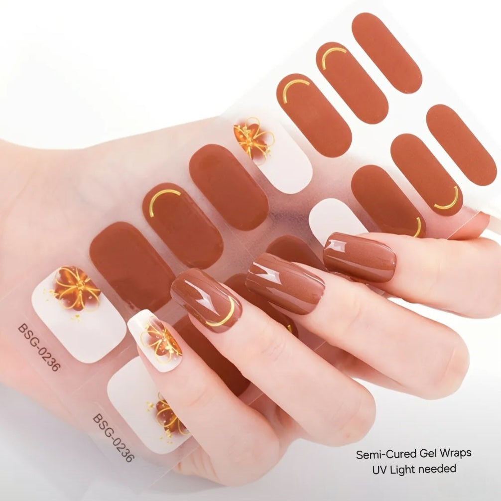 Chocolate flower- Semi-Cured Gel Wraps UV | Nail Wraps | Nail Stickers | Nail Strips | Gel Nails | Nail Polish Wraps - Nailfordable