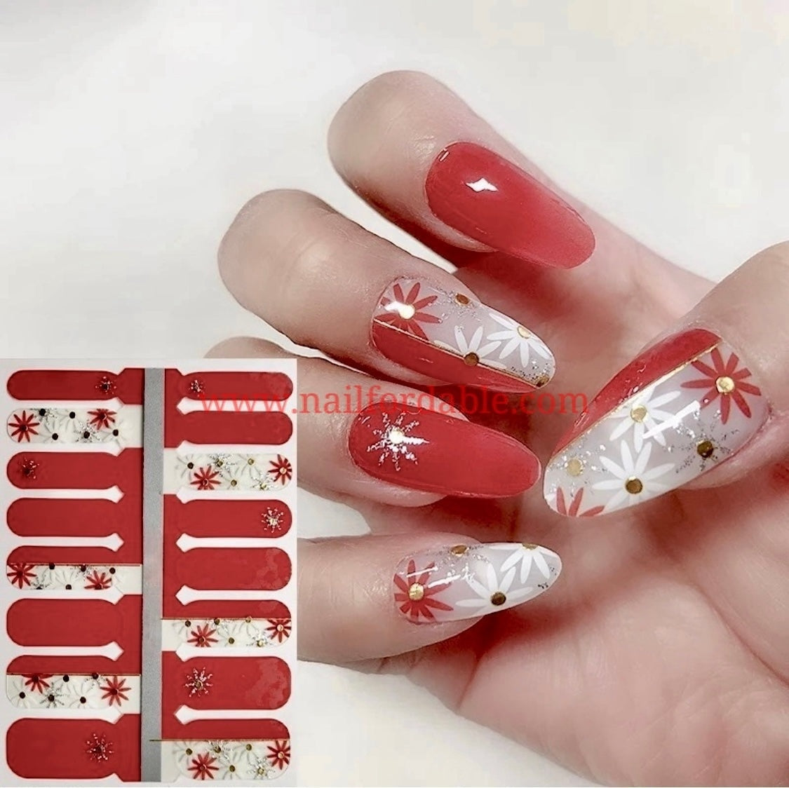 Red and White flowers Crystal Wraps | Nail Wraps | Nail Stickers | Nail Strips | Gel Nails | Nail Polish Wraps - Nailfordable