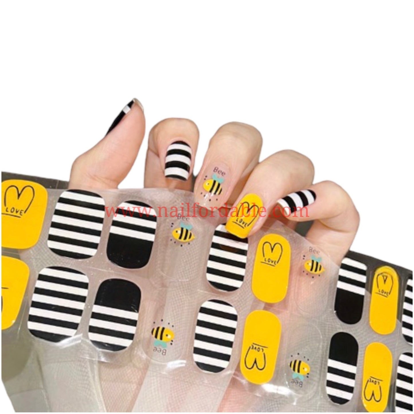 Bee Love - Cured Gel Wraps Air Dry/Non UV | Nail Wraps | Nail Stickers | Nail Strips | Gel Nails | Nail Polish Wraps - Nailfordable