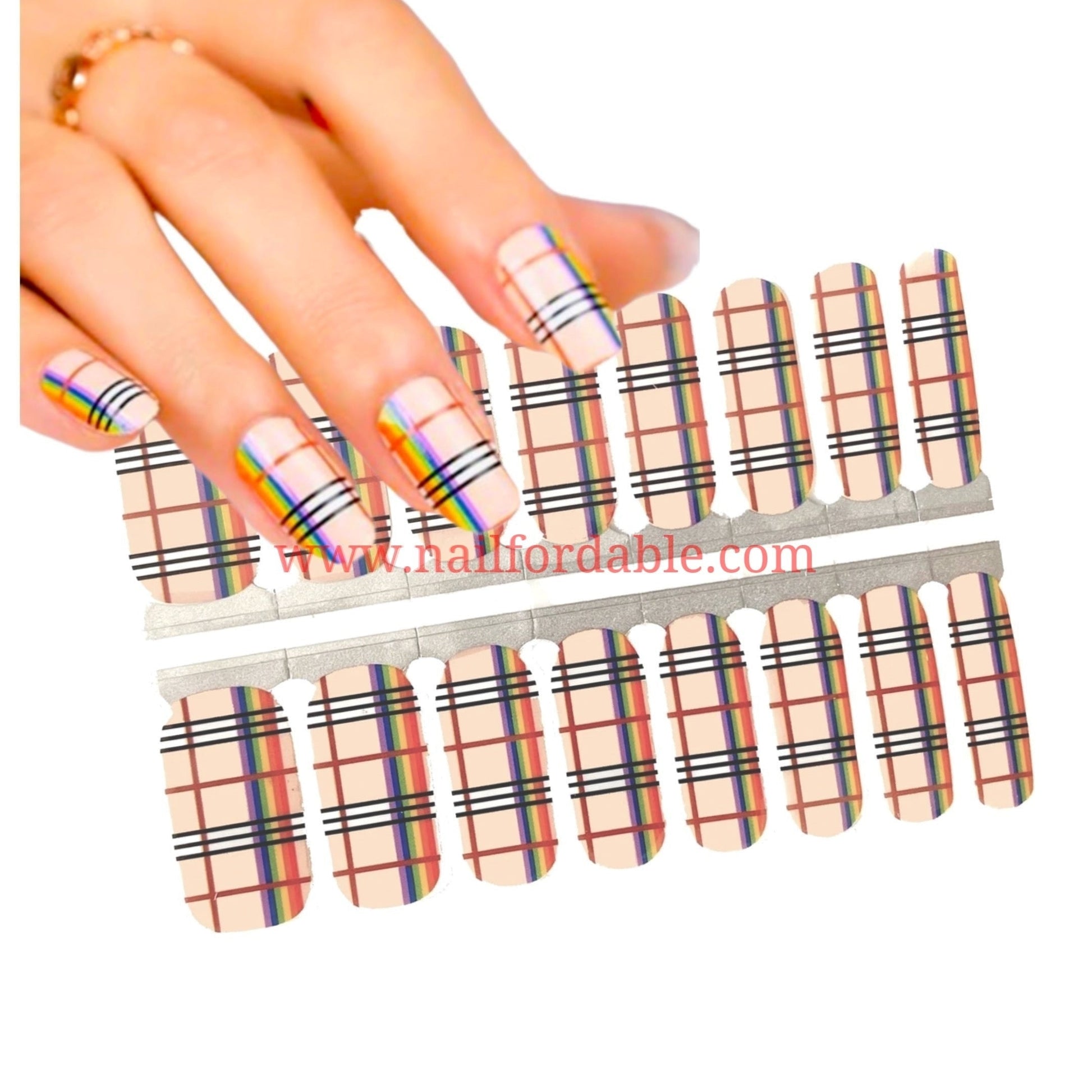 Rainbow on plaid | Nail Wraps | Nail Stickers | Nail Strips | Gel Nails | Nail Polish Wraps - Nailfordable