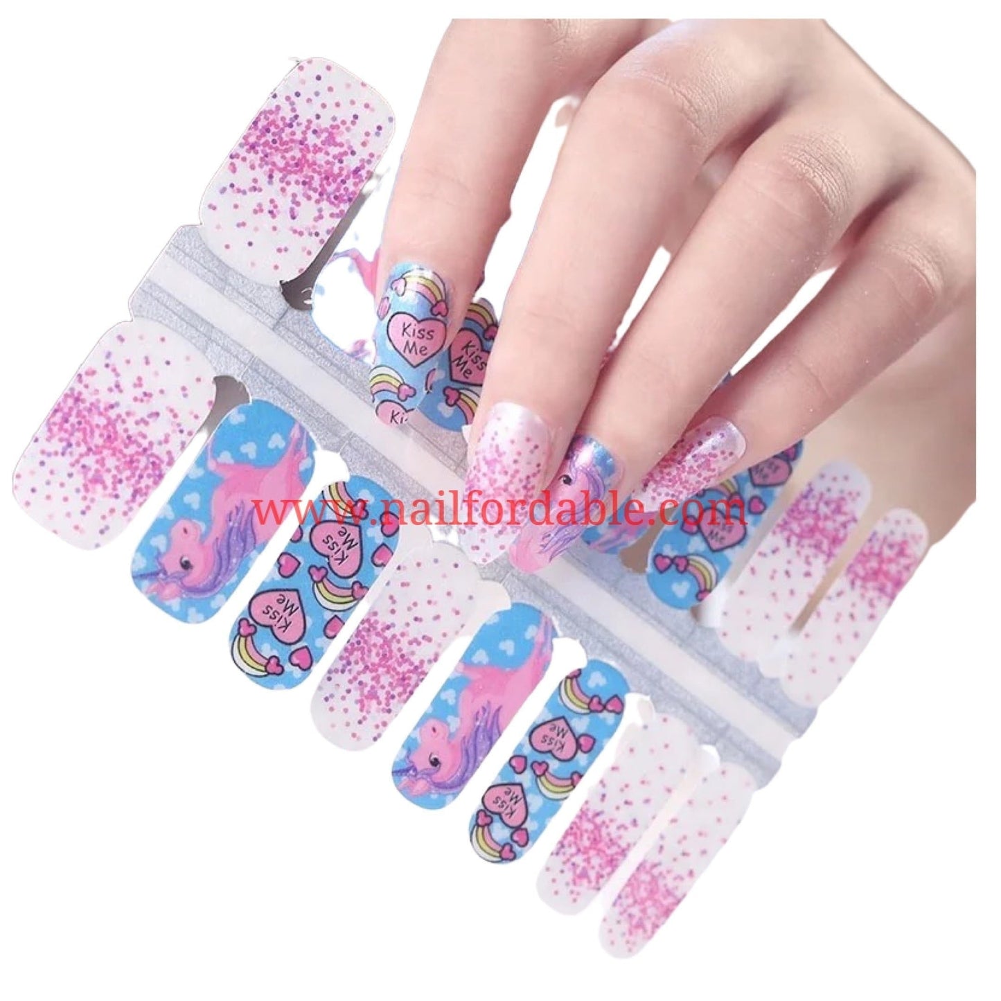 Unicorn Kiss me | Nail Wraps | Nail Stickers | Nail Strips | Gel Nails | Nail Polish Wraps - Nailfordable
