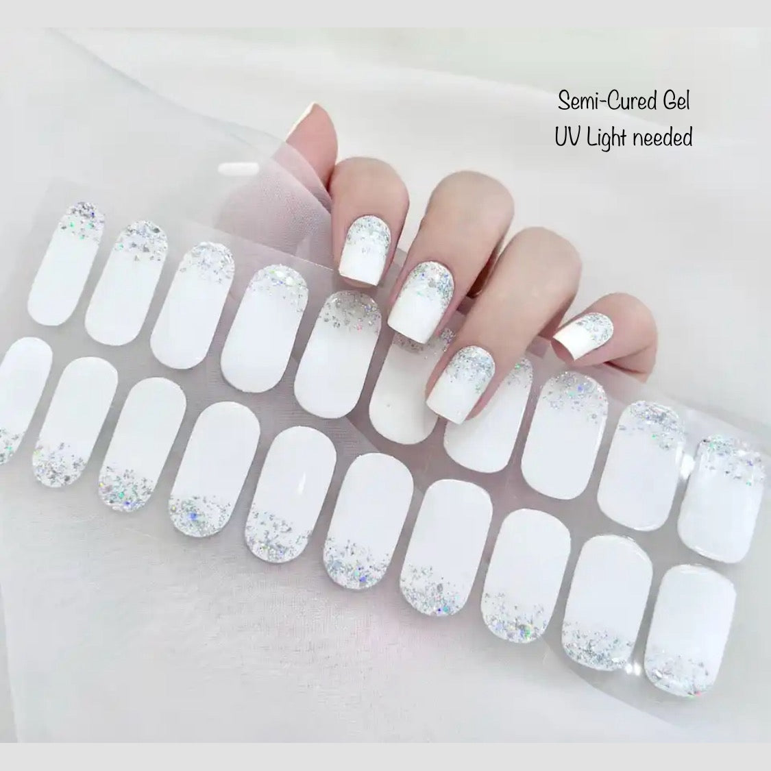 Silver dust on white -Semi-Cured Gel Wraps UV | Nail Wraps | Nail Stickers | Nail Strips | Gel Nails | Nail Polish Wraps - Nailfordable