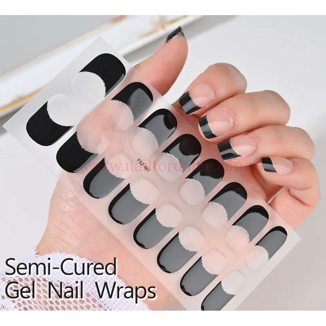 Black French tips - Semi-Cured Gel Wraps UV | Nail Wraps | Nail Stickers | Nail Strips | Gel Nails | Nail Polish Wraps - Nailfordable