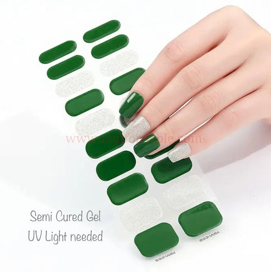 Green and white glitter- Semi-Cured Gel Wraps UV Copy | Nail Wraps | Nail Stickers | Nail Strips | Gel Nails | Nail Polish Wraps - Nailfordable