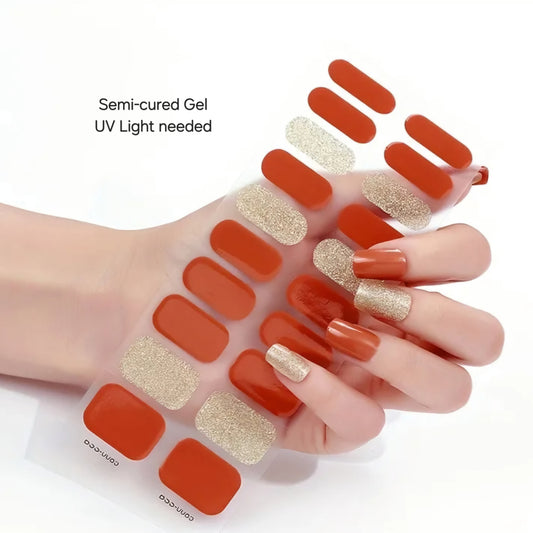 Orange and Gold glitter- Semi-Cured Gel Wraps UV | Nail Wraps | Nail Stickers | Nail Strips | Gel Nails | Nail Polish Wraps - Nailfordable