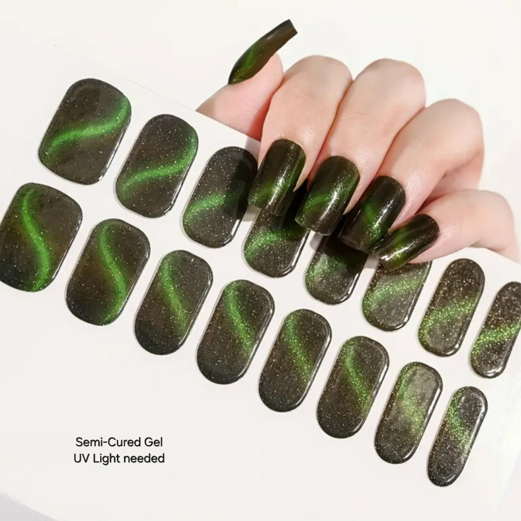 Cat Eye Green -Semi-Cured Gel Wraps UV | Nail Wraps | Nail Stickers | Nail Strips | Gel Nails | Nail Polish Wraps - Nailfordable