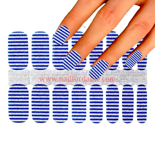 Blue stripes on silver Nail Wraps | Semi Cured Gel Wraps | Gel Nail Wraps |Nail Polish | Nail Stickers