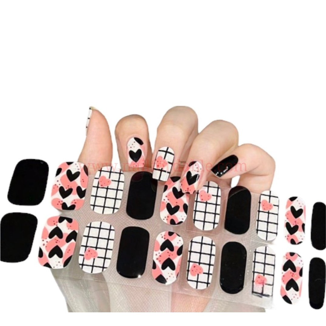 Grids and hearts - Cured Gel Wraps Air Dry/Non UV | Nail Wraps | Nail Stickers | Nail Strips | Gel Nails | Nail Polish Wraps - Nailfordable