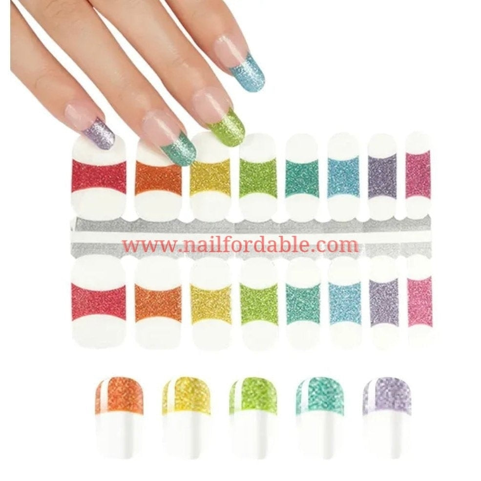 Multicolor French tips glitters Nail Wraps | Semi Cured Gel Wraps | Gel Nail Wraps |Nail Polish | Nail Stickers