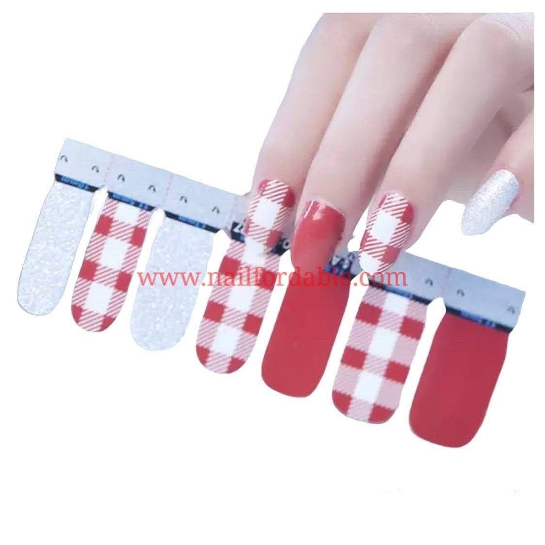 Silver-red-plaid Nail Wraps | Semi Cured Gel Wraps | Gel Nail Wraps |Nail Polish | Nail Stickers